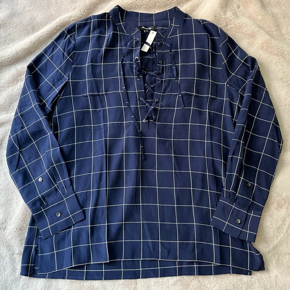 NWT Madewell Silk Lace-Up Shirt Windowpane Plaid Navy Blue Size M - Picture 2 of 8